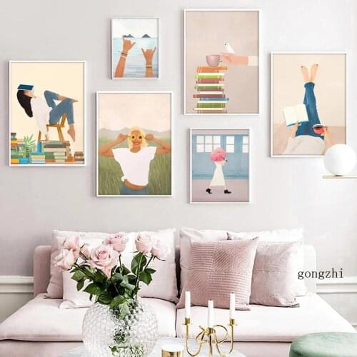 Tropical Beach Coffee Girl Book Abstract Nordic Poster Minimalist Canvas Painting and Prints Wall Art Pictures Living Room Decor