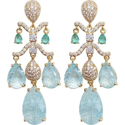 Vintage court water drop earrings cracked cubic zirconia green earrings crystal tassel pendant earring gold-plated jewelry