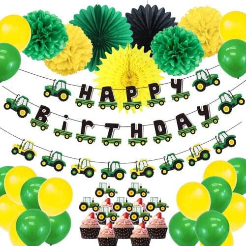 Green Tractor Party Supplies Tractor Happy Birthday Banner Paper Fans Tractor Cupcake Toppers Boys Tractor Birthday Decoration