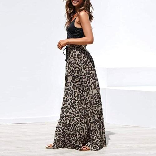 Womens Leopard Print Long Skirt Drawstring Pleated High Waisted Chiffon Bohemian Skirt Fashion Female Straight Skirts Harajuku