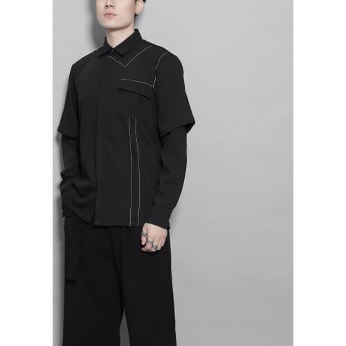 S-6XL!!Original British spring embroidery line stitching false two shirts hair stylist casual shirt men long sleeves