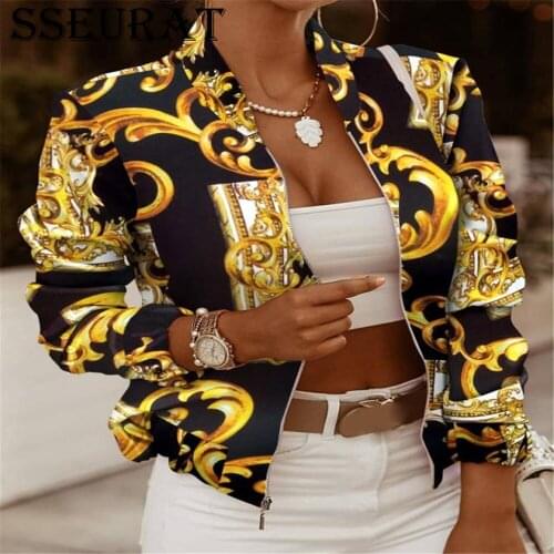 SSEURAT Women Jackets Retro Printed Ladies Zipper Up Outwear Casual Slim Female Fashion Outwears