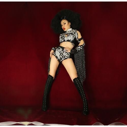 Women Sexy Silver Rhinestones Black Tassels Bikini Set DJ Singer Dancer Nightclub Clubwear Stage Wear Bar Performance Costume