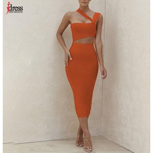 IDress Women Caramel Color Cut Out One Shoulder Sleeveless Bandage Bodycon Midi Dress Sexy Evening Night Club Party Vestidos