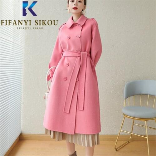 Pink Wool Coat Women Double Breasted Lapel Lace Up Fashion Long Woolen Coat Lady High Quality Casual Winter Thick Warm Overcoat