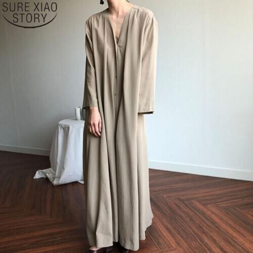 Spring New 2021 Vintage Long Dress Women Buttons Cardigan Dress Casual V-neck Elegant Oversize Solid Dresses Robe Vestidos 13205