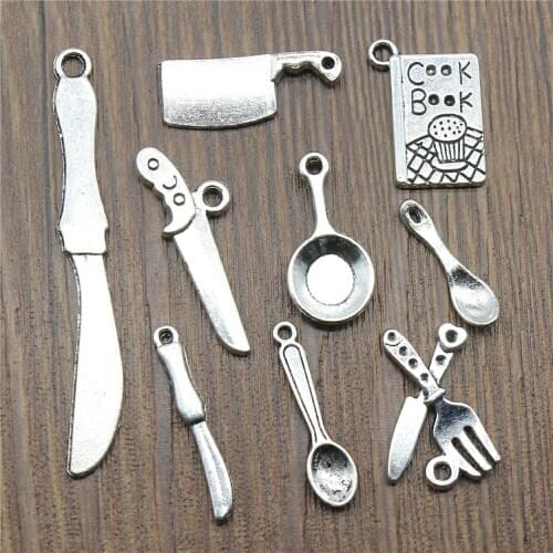20pcs Kitchenware Charms Antique Silver Color Kitchen Knife Charms Jewelry DIY Cook Book Charms Pan Spoon