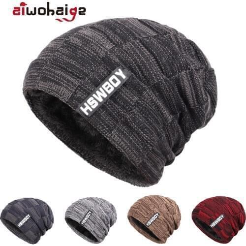 2020 New Fashion Brand HSWBOY Knit Beanie Hat Winter Striped Plaid Plus Velvet Thicken Hedging Cap Warm Man Male Bone Skullies