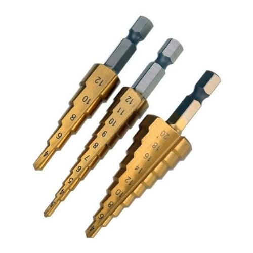 3Pcs 1/4 Inch Hex Shank HSS Titanium Coated Step Drill Bit Set 3-12/4-12/4-20mm