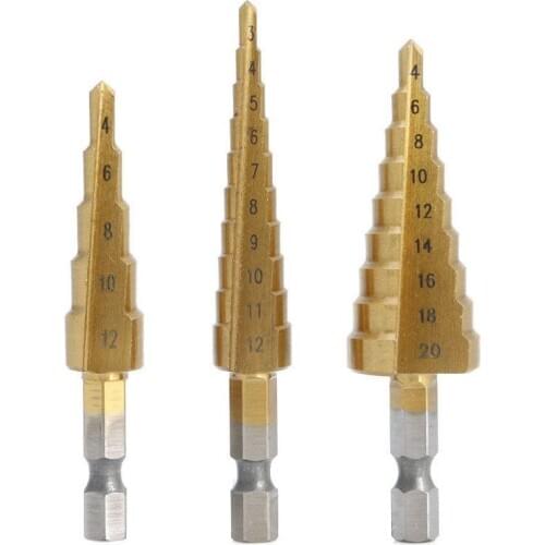3 Pcs High-Speed Steel Step Drill Bit Set Power Tools Cone Titanium Coated Metal Hole Cutter 1/4 inch Hex Shank Drive Quick Chan