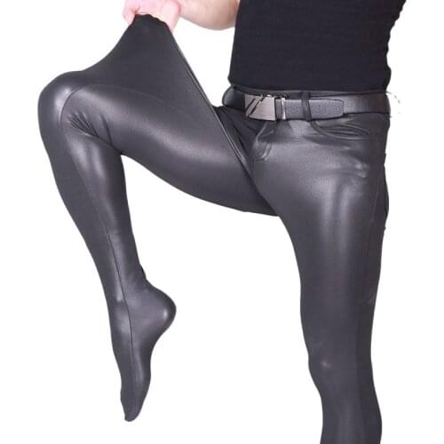 Sexy Men Full Leg Length PU Shiny Pencil Pants Tight Elastic Tight Trousers Faux Leather Glossy Punk Pencil Pants Gay Wear F89