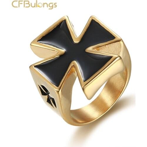 CFBulongs Vintage Steel Cross Medal Ring Cool Gold Silver Color Stainless Steel Biker Finger Ring Punk Jewelry Accessory