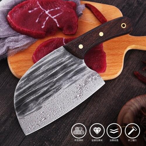 Household Kitchen Knife Stainless Steel Forged Hammered Butcher Meat Cleaver Knife Chicken Wing Wood Round Head Chef Knife