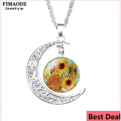 FIMAODZ Van Gogh Art Oil Paintings Necklace Sunflower Starry Night Almond Branch In Bloom Glass Moon Pendant For Men Women Gift