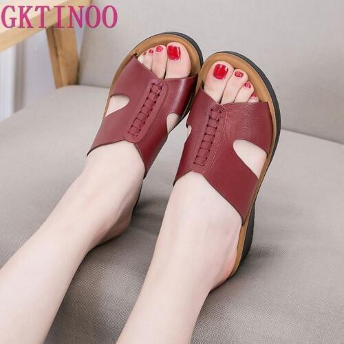GKTINOO Fashion slides genuine leather slippers women shoes 2021 summer wedges outside ladies slippers large size 35-41