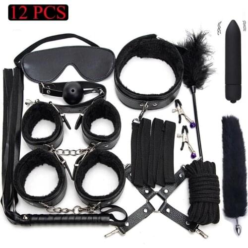 KISSCAM Slave Plush Leather BDSM Kits Bed Bondage Set Handcuffs Whip Gag Nipple Clamps Exotic Sex Toys For Couples Adult Game
