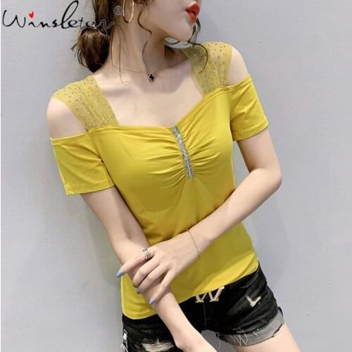 Summer Korean Clothes T-Shirt Fashion Drape Sexy Shiny Diamonds Women Tops Short Sleeve All Match Slim Tees New 2021 T13710A