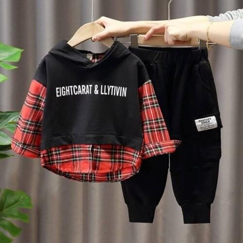 Boys' Fashion Cartoon Boy Suit Casual Middle and Small Children Casual Stitching Plaid Hooded Long Sleeve Sweat-absorbent