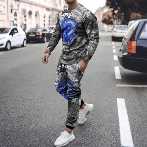 Mens sports suit T-shirt + trousers casual wear 2-piece set of animal 3D creative printing long-sleeved sportswear
