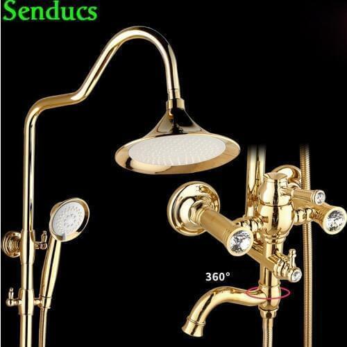 Senducs Newly Gold Bathroom Shower Set High Quality Brass Bathroom Shower Faucet Fashion European Style Gold Shower Set