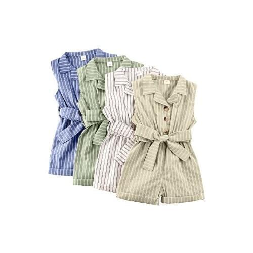 1-6Y Summer Toddler Baby Girls Rompers Overalls Striped Print Sleeveless Turn Down Button Jumpsuits 4 Colors
