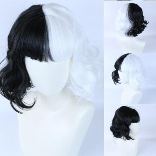 Half Black and White Wigs for Costume Cosplay Women Girls Short Curly Hair Cute Wigs for Party Halloween cap Anime +Wig cap