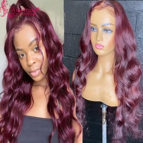 Burgundy Brazilian RemyHuman Hair Wigs Pre plucked 13x4 Lace Front Wigs #99j Wavy 180% Density Glueless Lace Wigs Bleached Knots