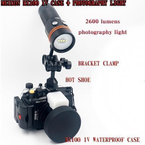 Underwater Waterproof Housing Case Camera for Sony RX100 IV + Archon D34V W40V Diving Torch Fashlight + Bracket Clamp + Hot Shoe