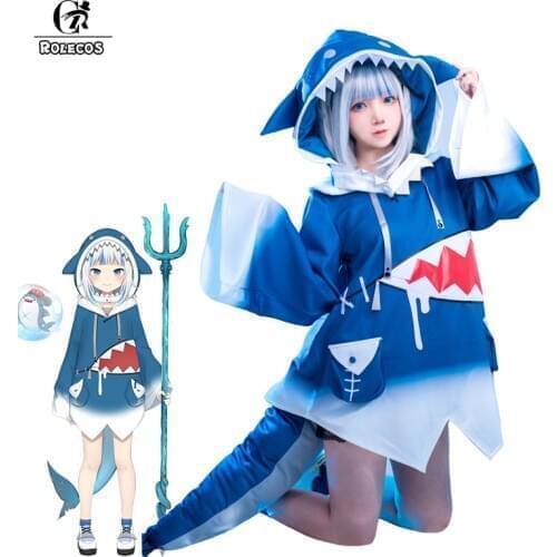ROLECOS Hololive ENG Cosplay Costume Gawr Gura Cosplay Costume Women Blue Pajamas Gawr Gura Shark Costume Halloween Tail Suit
