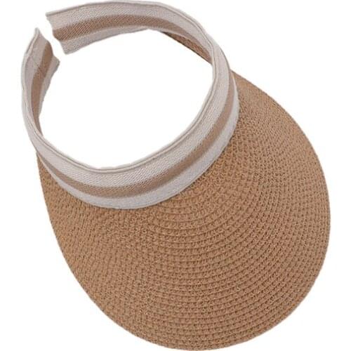 New Korean Style Women Weave Straw Empty Top Sun Visor Hat Clip-On Contrast Color Striped Wide Brim Anti-UV Outdoor Beach Cap
