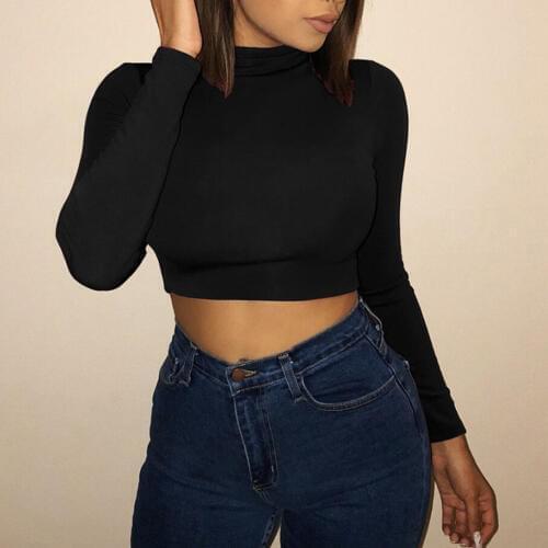 Women Crop Top Blouse Long Sleeve Slim Sheath Shirt Top Solid Black Khaki Bandage Blouse Ladies Sexy Top Spring Autumn Basic Top