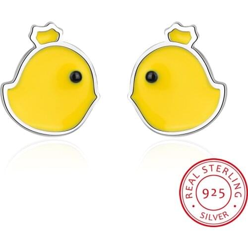100% S925 Sterling Silver Yellow Chick Earrings Animal Jewelry Silver Chook Chicken Earrings for Women Baby Princess