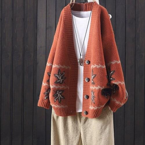 Deep V-neck Female Knitted Sweater Casual Vintage Printing Leaves Cardigan Single Breasted Knit Sweater Lantern Sleeve Cardigans