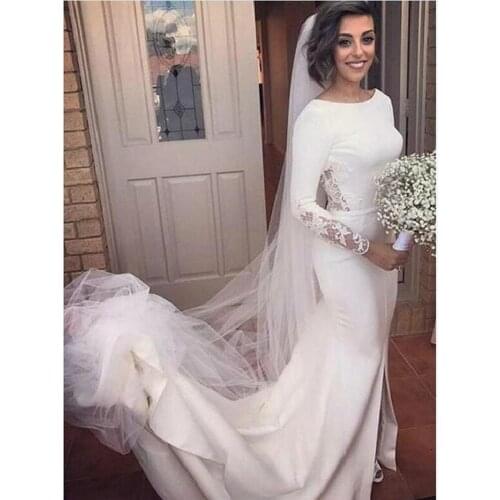 Long Sleeve Boat Neck Wedding Dresses Mermaid Open Backless Lace Satin Bridal Gowns vestidos de noiva 2011 Custom Size