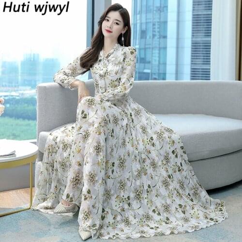 Spring Autumn Vintage Floral Chiffon Midi Dress Plus Size Boho Beach Dress 2021 Elegant Women Party Long Sleeve Evening Vestidos