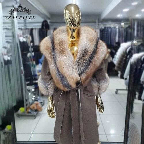 Winter Luxurious Thick Fox Fur Hooded Cashmere Woolen Coat Belt Ladies Warm 95cm Long Outwear Fashion Fox Fur Cuffs Overdress