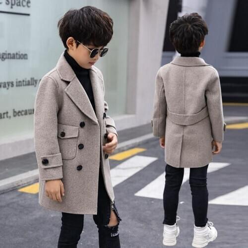 Winter Woolen Coat For 4-16 Boys 2020 Turn Collar Double Breasted Big Pockets Solid Apricot Boy Coat High Quality boys clothes