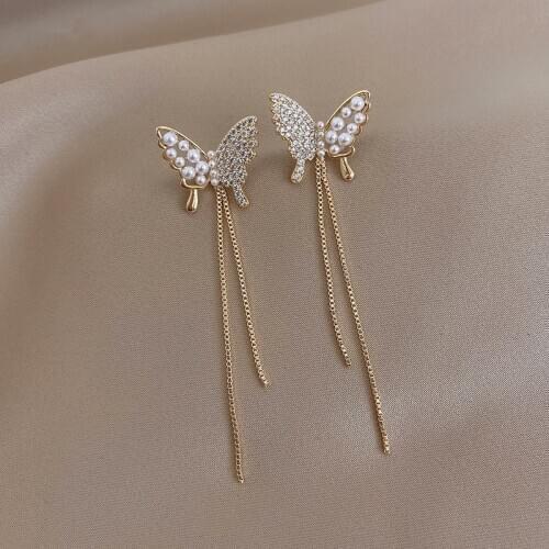 2020 New fashion pearl Hollow butterfly earrings long Metal tassel shiny crystal sweet joker Women Drop earrings