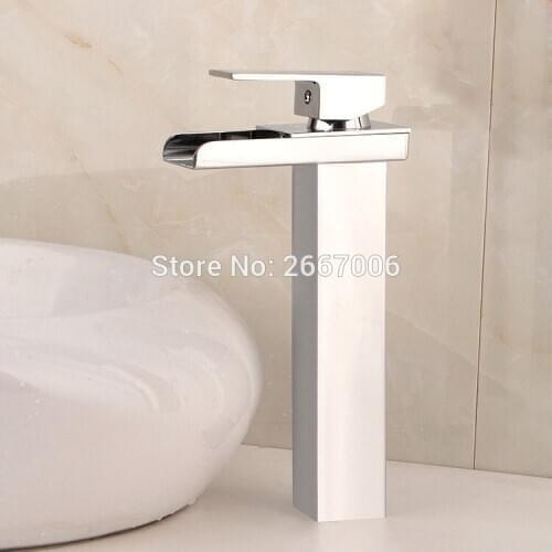 Free shipping Contemporary Brass Material Tall Square Waterfall Countertop Bathroom Sink Faucet Chrome Finish Mixer Tap ZR622