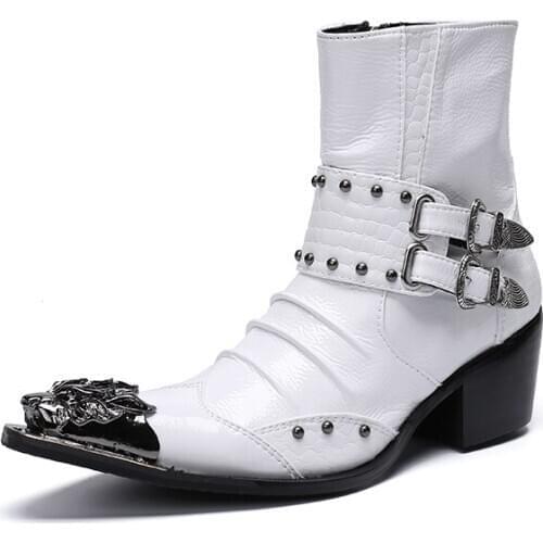 White Metal Pointed Toe Western Boots Men High Heels Mens Height Increase Wedding Dress Shoes Career Work Show Boots Size 37-46
