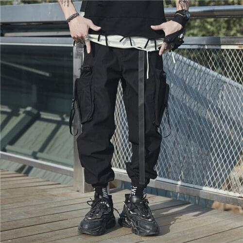 Black Tactics Cargo Pants Men Fashion Streetwear Joggers Men Tactics Pants Big Pocket Ribbon Design Trousers Elastic Waist HG093
