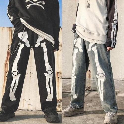High Quality Printed Skeleton Jeans 2021 Denim Mens Streetwear Hip Hop Harem Pants Wide Leg Straight Leg Trousers