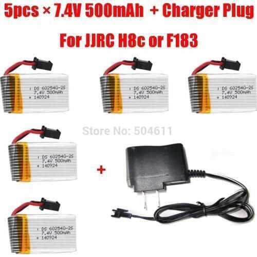 EBOYU 5PCS 7.4V 500mAh Battery With Charger Plug For WLToys H8C DFD F183 RC Quadcopter Spare Part