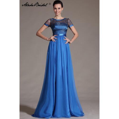 Elegant Blue O Neck Mother of the Bride Dresses Chiffon Short Sleeves Floor Length Wedding Guest Gown Custom Made