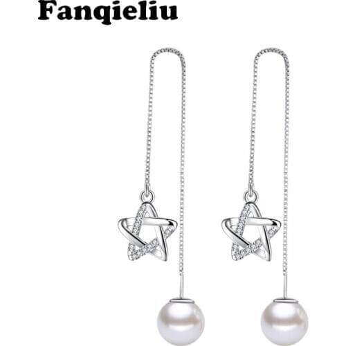 Fanqieliu Rhinestone Star Dangle Earrings Long 925 Sterling Silver Chain Earring Pearl Drop Earrings For Women FQL193268
