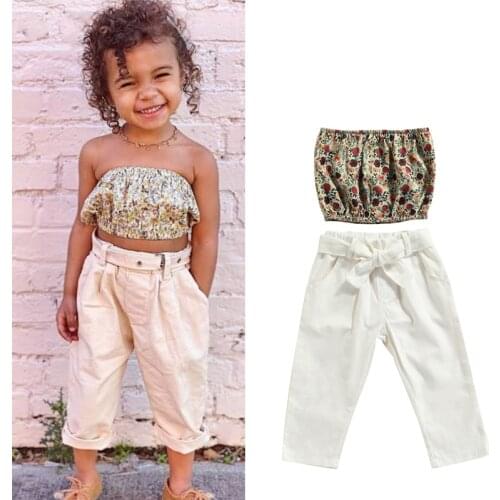 FOCUSNORM 2pcs Summer Girls Lovely Clothes Sets 1-6Y Floral Printed Strapless Pullover Tops+Solid Long pants