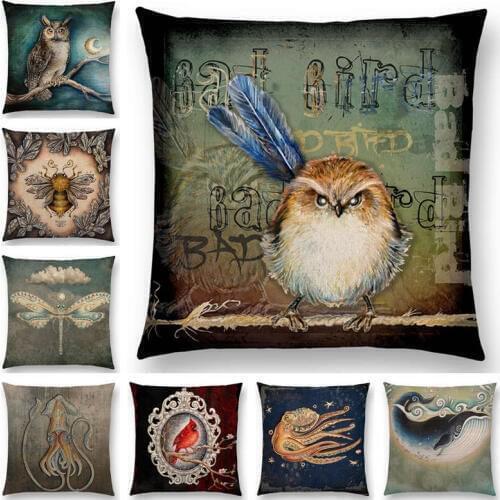 Classic Retro Magical Animals Sofa Throw Pillow Case Blue Whale Owl Bat Bee Octopus Vintage Cushion Cover