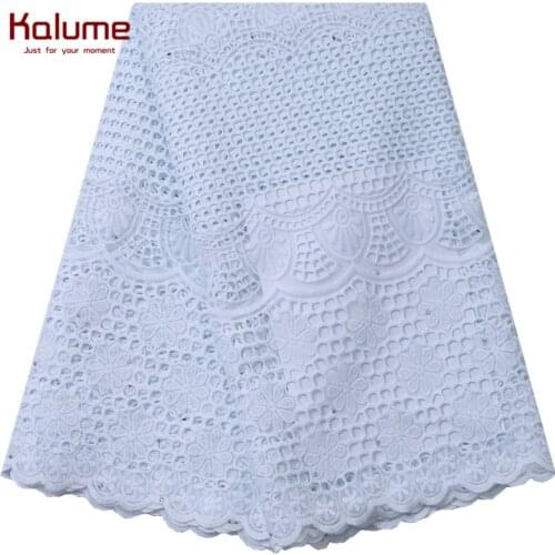 Kalume Pure White 100% Cotton Lace Fabric Embroidery African Pure Cotton Lace Fabric With Stones For Dress Nigerian Fabric F2197