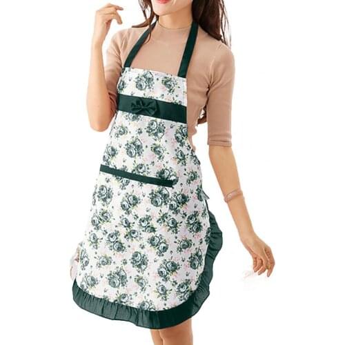 Kitchen Apron Bowknot Floral Print Polyester Restaurant Cooking Pocket Workwear for Home
