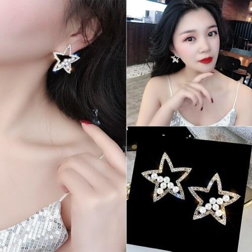 Fashion Pendant Ladies Earrings Ins Temperament Personality Exaggerated Rhinestone Pentagram Pearl Earrings Gift